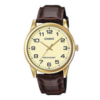 Casio férfi kvarc karóra 38 mm, arany számlap, barna bőrszíj, WR30 MTP-V001GL-9B