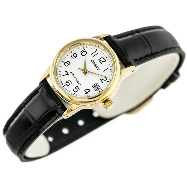 Casio LTP-V002GL-7B2 női karóra, arany tok 25 mm, fehér számlap, bőr szíj, WR30