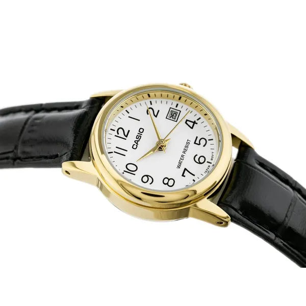 Casio LTP-V002GL-7B2 női karóra, arany tok 25 mm, fehér számlap, bőr szíj, WR30