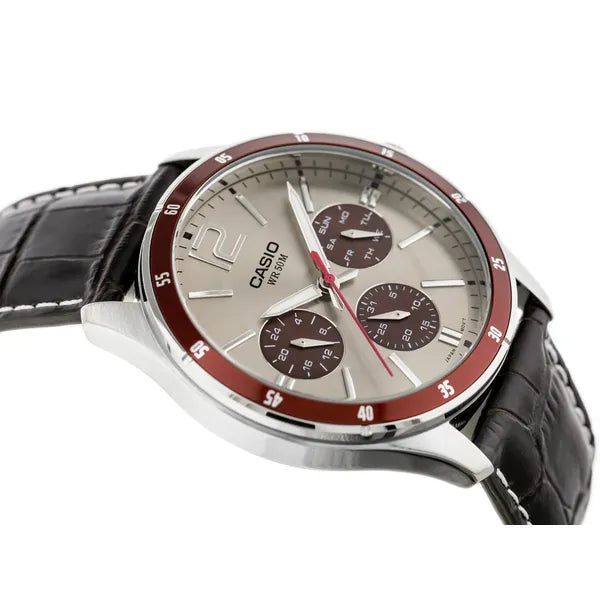 Casio MTP-1374L-7A1V férfi karóra, 44 mm, barna bőr, bézs számlap, WR50, kvarc