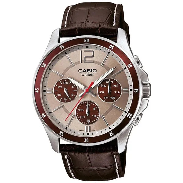 Casio MTP-1374L-7A1V férfi karóra, 44 mm, barna bőr, bézs számlap, WR50, kvarc