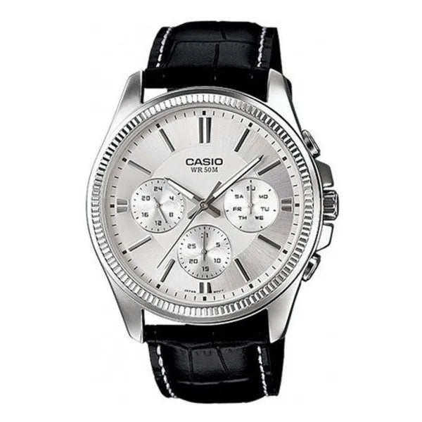 Casio MTP-1375L-7AVDF férfi kvarc karóra, ezüst számlap, fekete bőr, WR50, 42 mm