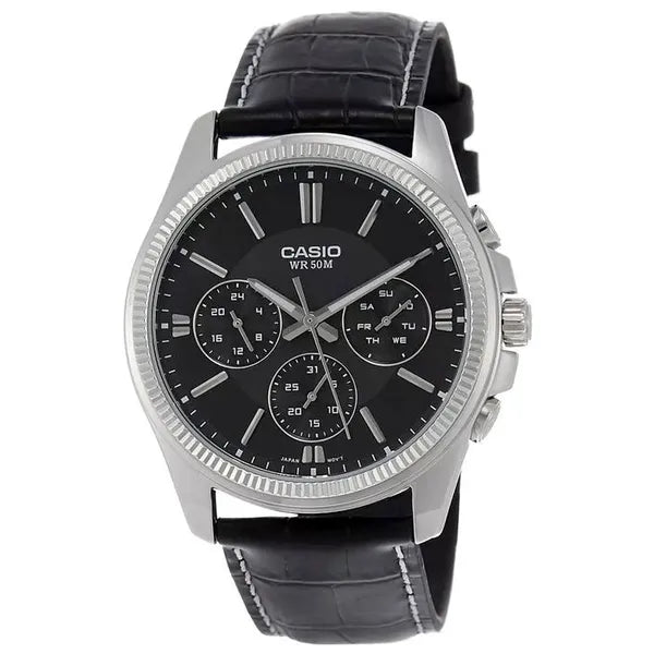Casio MTP-1375L-1A férfi karóra, fekete bőr szíj, 42 mm, WR50, kvarc