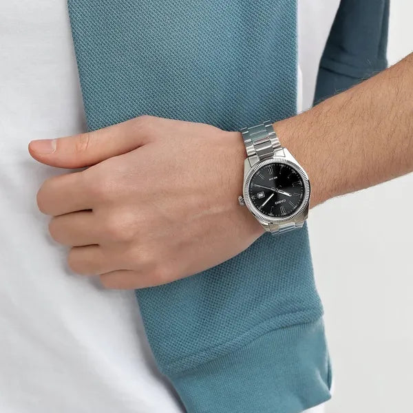 Casio MTP-1302PD-1A1 férfi karóra, rozsdamentes acél szíj, fekete számlap, WR50