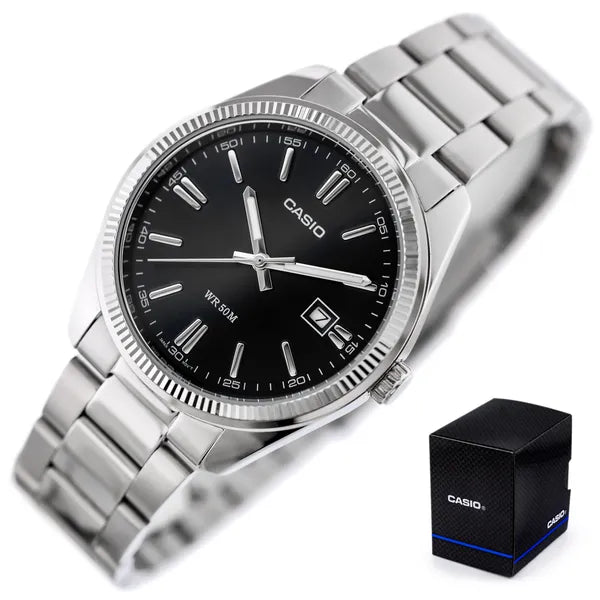 Casio MTP-1302PD-1A1 férfi karóra, rozsdamentes acél szíj, fekete számlap, WR50