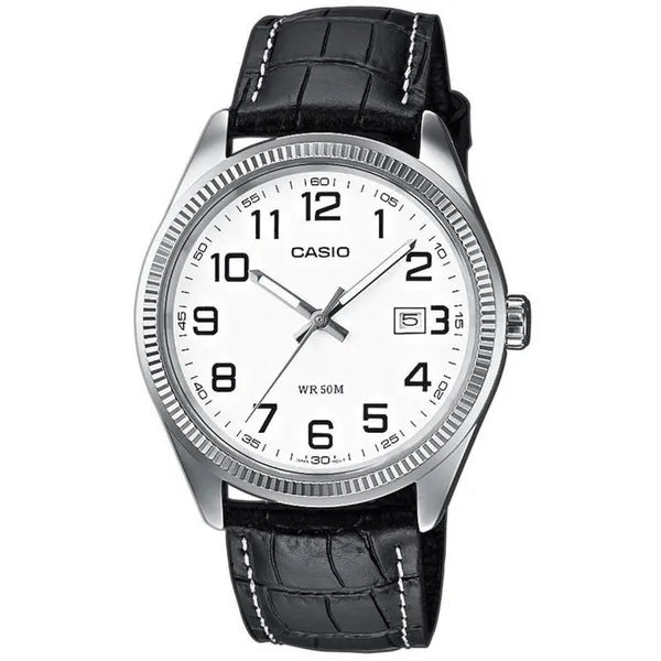 Casio férfi karóra MTP-1302PL-7B, bőr szíj, fehér, WR50, dátum, 38 mm