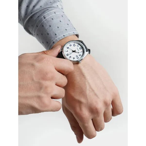 Casio férfi karóra MTP-1302PL-7B, bőr szíj, fehér, WR50, dátum, 38 mm