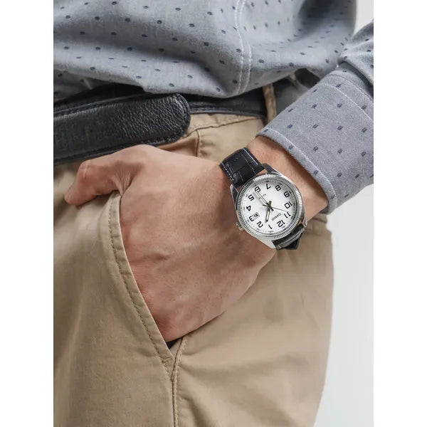 Casio férfi karóra MTP-1302PL-7B, bőr szíj, fehér, WR50, dátum, 38 mm