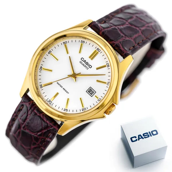 Casio MTP-1183Q-7ADF férfi karóra, arany tok, fehér számlap, barna bőr, 38 mm