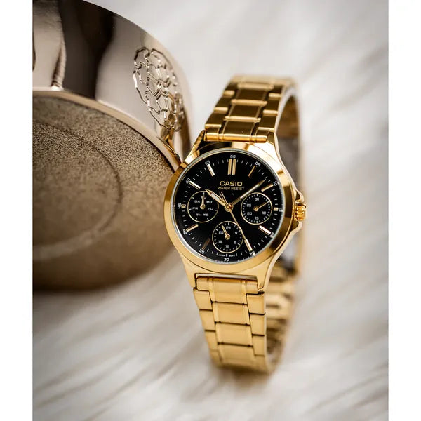 Casio LTP-V300G-1AUDF női karóra, arany nemesacél, fekete számlap, 33 mm, WR30