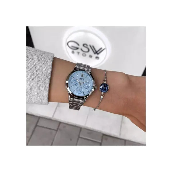 Casio LTP-V300D-2AUDF női karóra, ezüst acél szíj, kék számlap, WR30