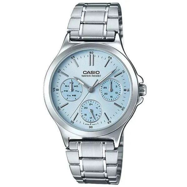 Casio LTP-V300D-2AUDF női karóra, ezüst acél szíj, kék számlap, WR30