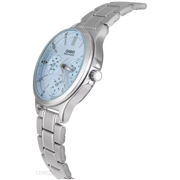 Casio LTP-V300D-2AUDF női karóra, ezüst acél szíj, kék számlap, WR30