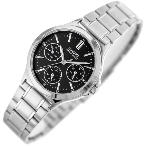 Casio LTP-V300D-1A női karóra, fekete számlap, acél szíj, 33 mm, WR30