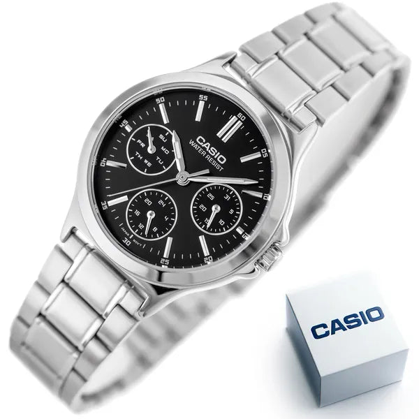 Casio LTP-V300D-1A női karóra, fekete számlap, acél szíj, 33 mm, WR30