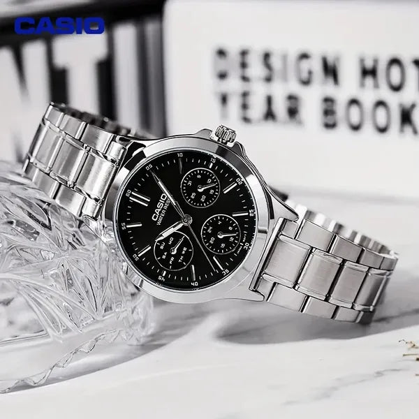 Casio LTP-V300D-1A női karóra, fekete számlap, acél szíj, 33 mm, WR30