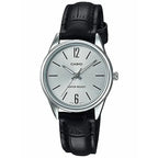 Casio LTP-V005L-7BUDF női kvarc karóra, 28 mm, fekete bőrszíj, ezüst számlap