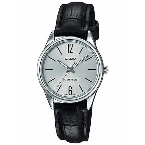 Casio LTP-V005L-7BUDF női kvarc karóra, 28 mm, fekete bőrszíj, ezüst számlap
