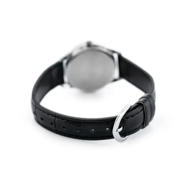 Casio LTP-V005L-7BUDF női kvarc karóra, 28 mm, fekete bőrszíj, ezüst számlap