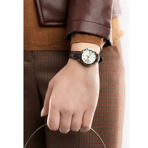 Casio LTP-V004GL-9A női karóra, 30 mm, arany számlap, barna bőr, dátum, WR30
