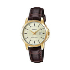 Casio LTP-V004GL-9A női karóra, 30 mm, arany számlap, barna bőr, dátum, WR30