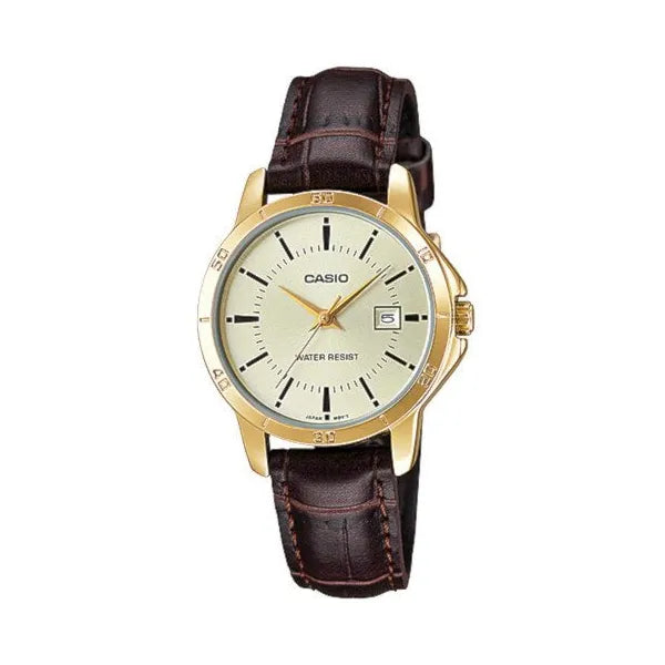Casio LTP-V004GL-9A női karóra, 30 mm, arany számlap, barna bőr, dátum, WR30