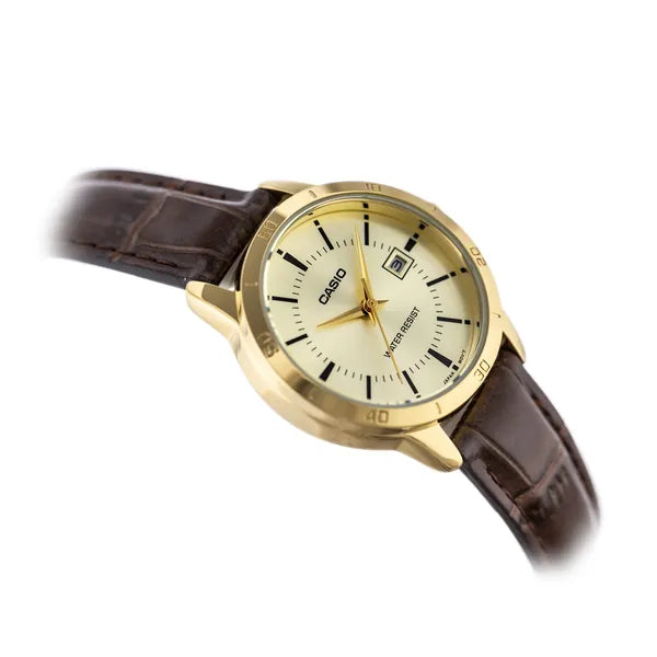 Casio LTP-V004GL-9A női karóra, 30 mm, arany számlap, barna bőr, dátum, WR30