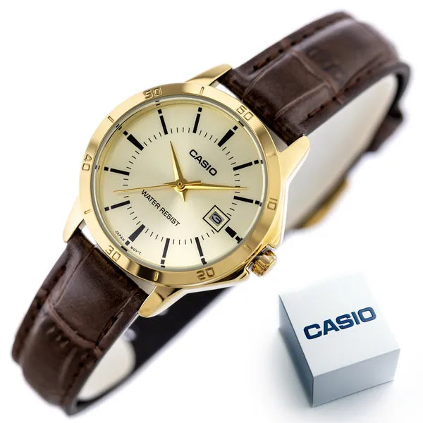 Casio LTP-V004GL-9A női karóra, 30 mm, arany számlap, barna bőr, dátum, WR30