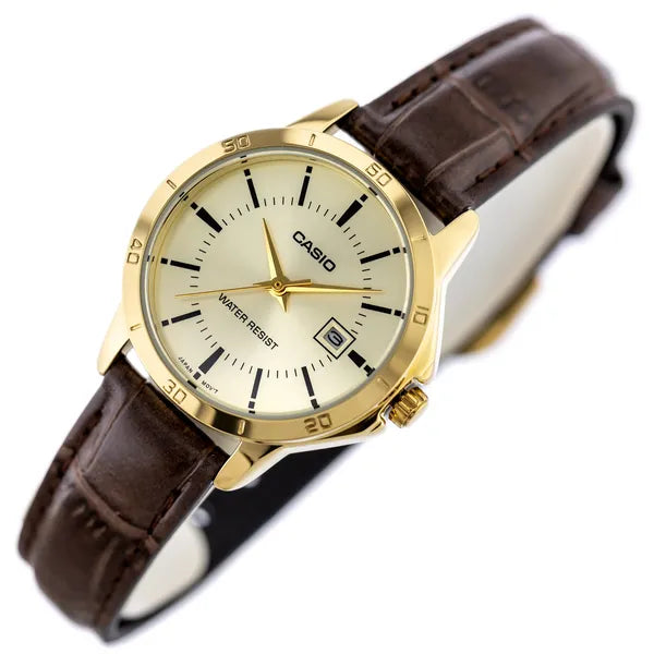 Casio LTP-V004GL-9A női karóra, 30 mm, arany számlap, barna bőr, dátum, WR30