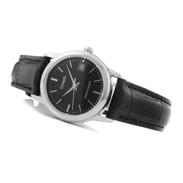 Casio LTP-V002L-1AUDF női karóra, 25 mm, fekete számlap, bőr szíj, dátum, WR30