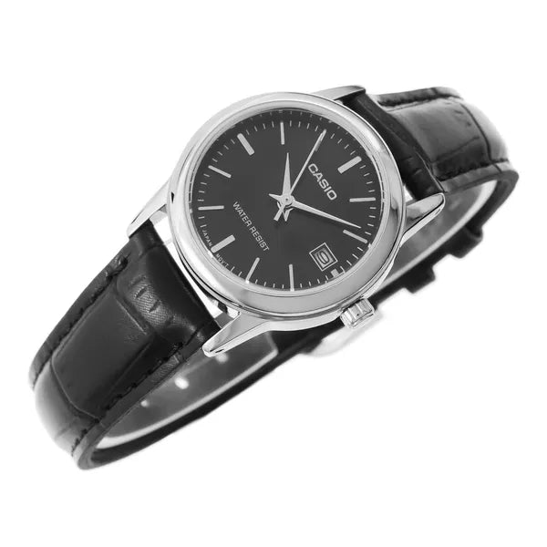 Casio LTP-V002L-1AUDF női karóra, 25 mm, fekete számlap, bőr szíj, dátum, WR30