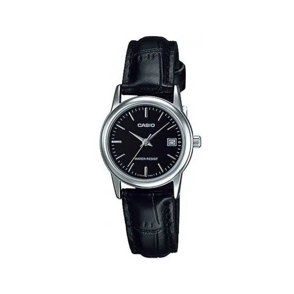 Casio LTP-V002L-1AUDF női karóra, 25 mm, fekete számlap, bőr szíj, dátum, WR30