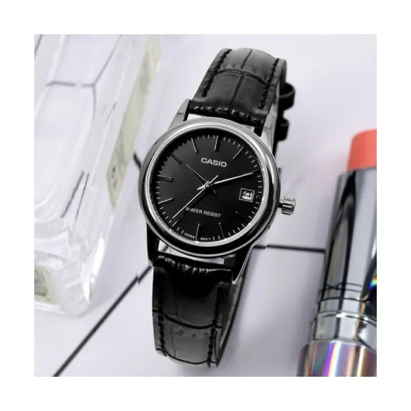 Casio LTP-V002L-1AUDF női karóra, 25 mm, fekete számlap, bőr szíj, dátum, WR30