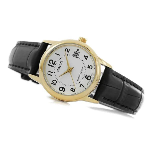 Casio LTP-V002GL-7BUDF női karóra, arany tok, fehér számlap, bőr szíj, WR30