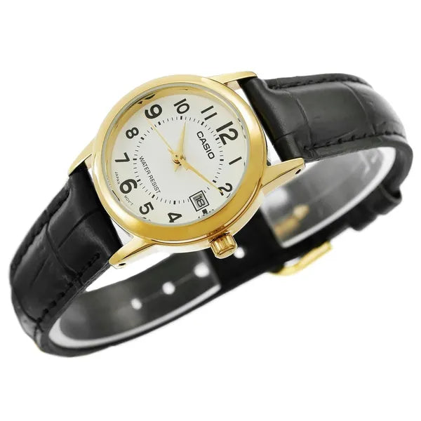 Casio LTP-V002GL-7BUDF női karóra, arany tok, fehér számlap, bőr szíj, WR30