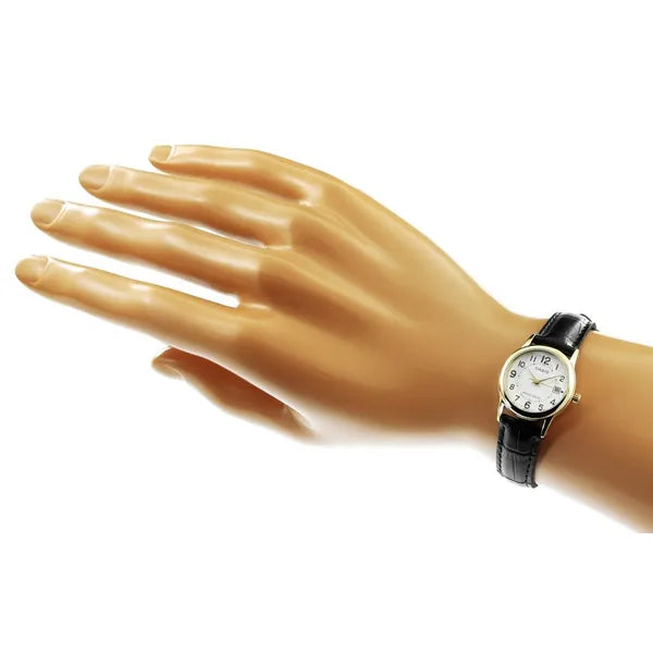 Casio LTP-V002GL-7BUDF női karóra, arany tok, fehér számlap, bőr szíj, WR30