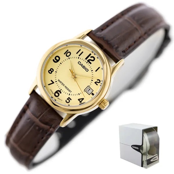 Casio LTP-V002GL-9BUDF női karóra, 25 mm, arany számlap, barna bőr szíj, WR30