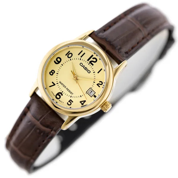 Casio LTP-V002GL-9BUDF női karóra, 25 mm, arany számlap, barna bőr szíj, WR30