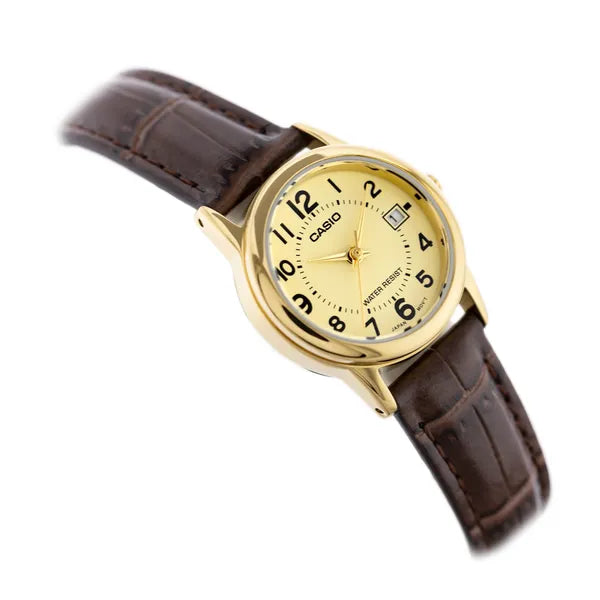 Casio LTP-V002GL-9BUDF női karóra, 25 mm, arany számlap, barna bőr szíj, WR30
