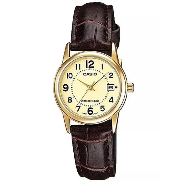 Casio LTP-V002GL-9BUDF női karóra, 25 mm, arany számlap, barna bőr szíj, WR30
