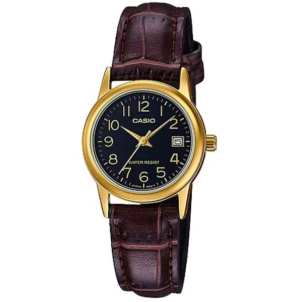 Casio LTP-V002GL-1B női karóra, arany tok, fekete számlap, barna bőr szíj, WR30