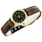 Casio LTP-V002GL-1B női karóra, arany tok, fekete számlap, barna bőr szíj, WR30