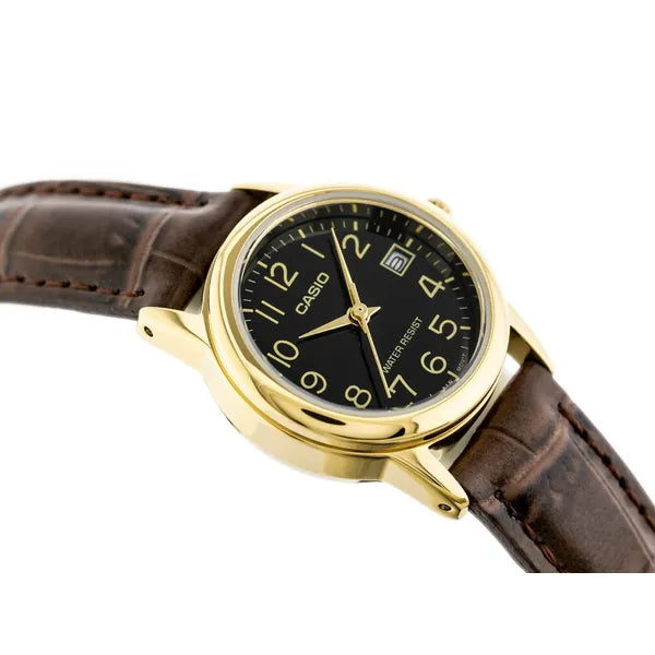 Casio LTP-V002GL-1B női karóra, arany tok, fekete számlap, barna bőr szíj, WR30