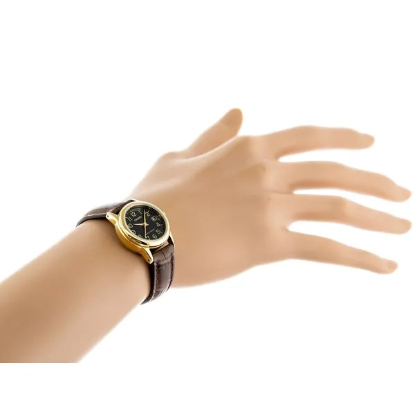 Casio LTP-V002GL-1B női karóra, arany tok, fekete számlap, barna bőr szíj, WR30