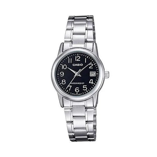 Casio LTP-V002D-1BUDF női karóra, ezüst acél szíj, fekete számlap, dátum