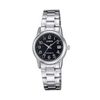 Casio LTP-V002D-1BUDF női karóra, ezüst acél szíj, fekete számlap, dátum