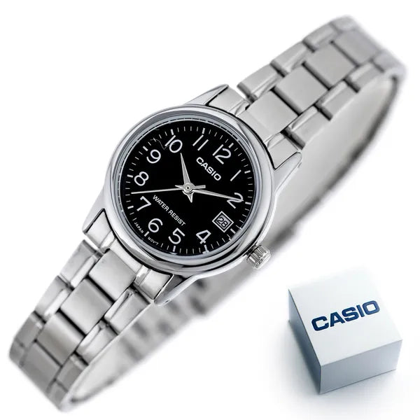 Casio LTP-V002D-1BUDF női karóra, ezüst acél szíj, fekete számlap, dátum