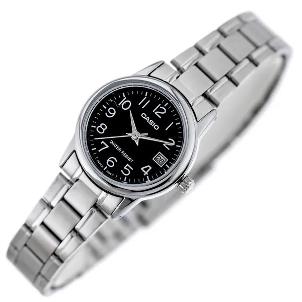 Casio LTP-V002D-1BUDF női karóra, ezüst acél szíj, fekete számlap, dátum