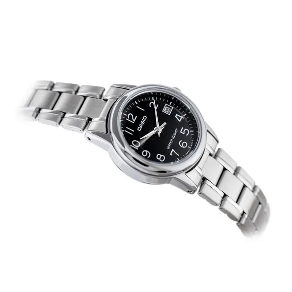 Casio LTP-V002D-1BUDF női karóra, ezüst acél szíj, fekete számlap, dátum