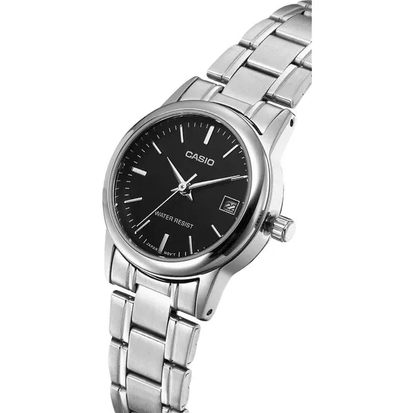 Casio LTP-V002D-1A női karóra, fekete számlap, acél szíj, 25 mm + doboz